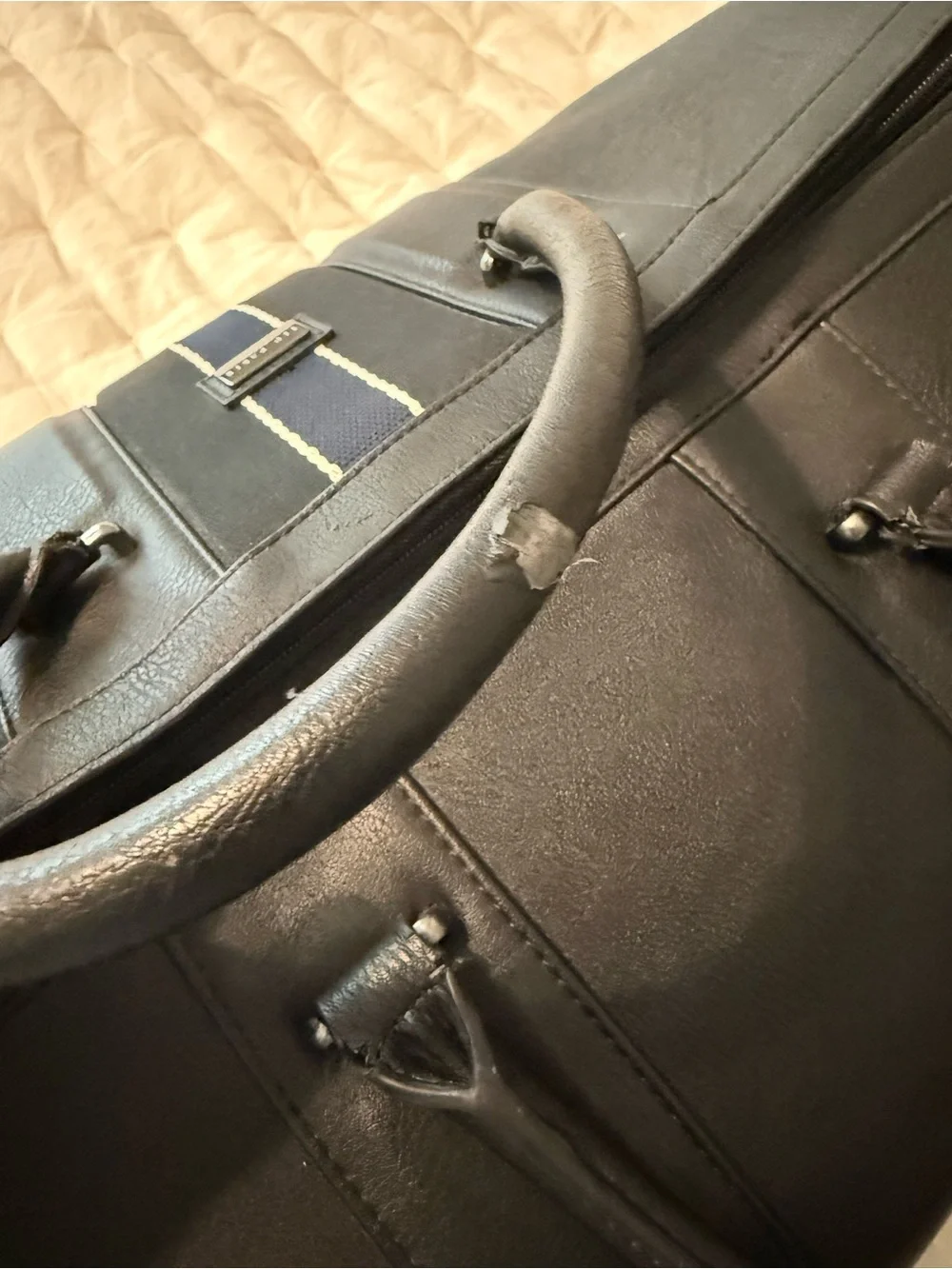 Ted Baker Black Leather Weekender Duffel Bag with Navy Stripe